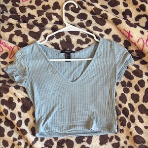 Ribbed V-Neck Crop Top - Blue